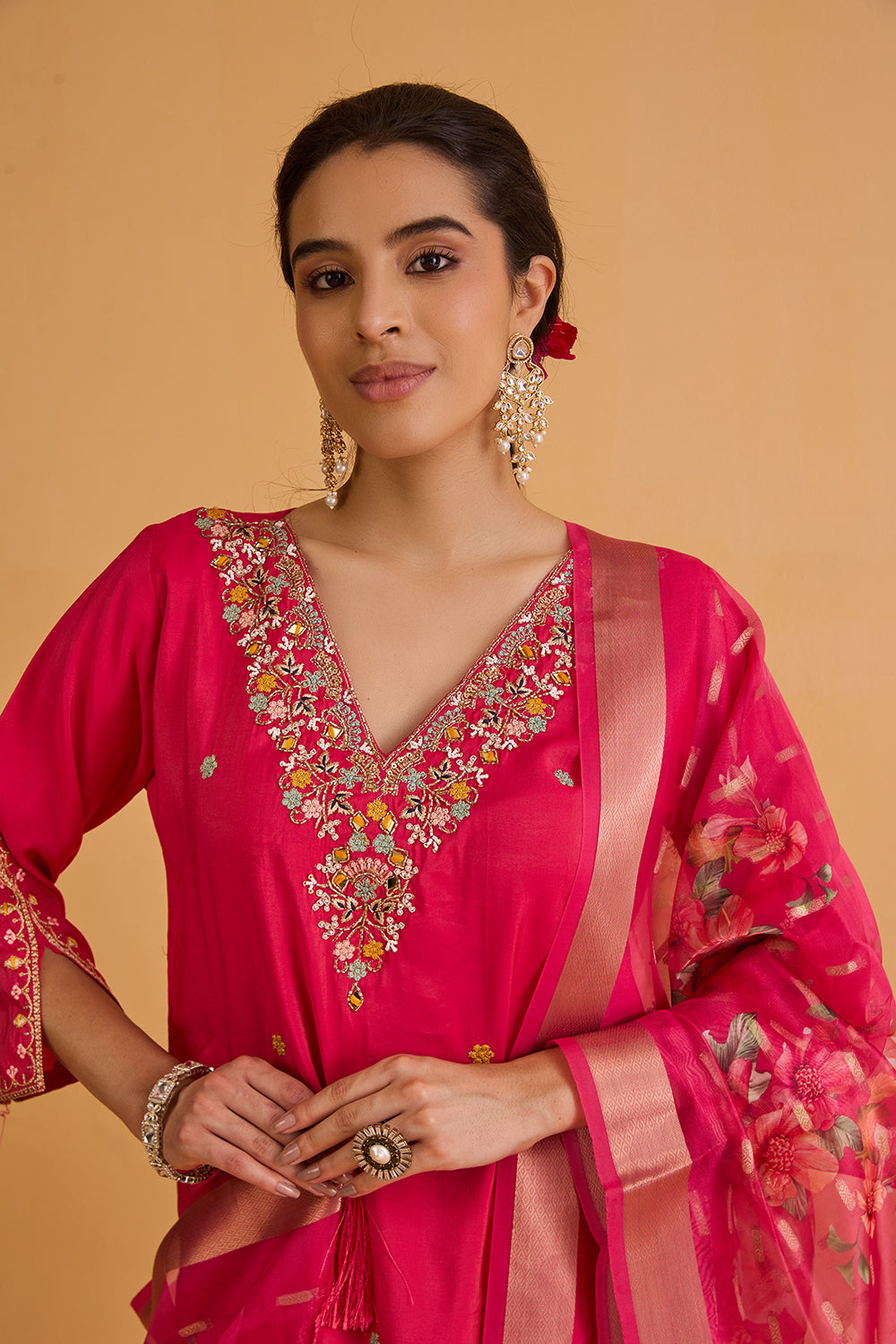 dhartii  metallic Pink Embroidered Silk Tissue Kurta Set