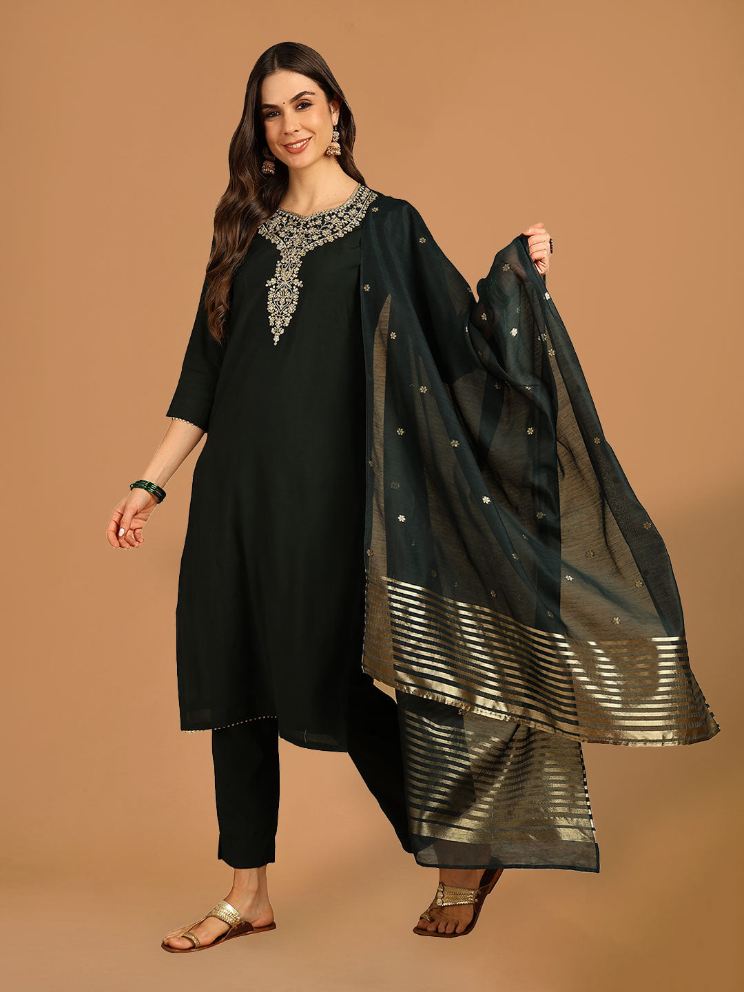 Dark Green Solid Zari Embroidered Straight Suit Set