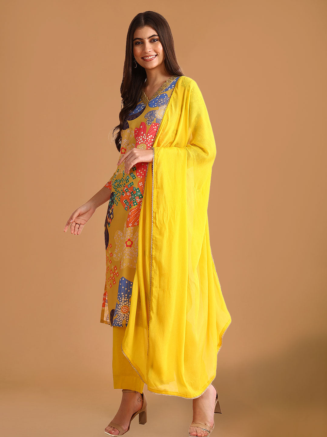 Bright Yellow Floral Printed Rayon Blend Straight Suit Set