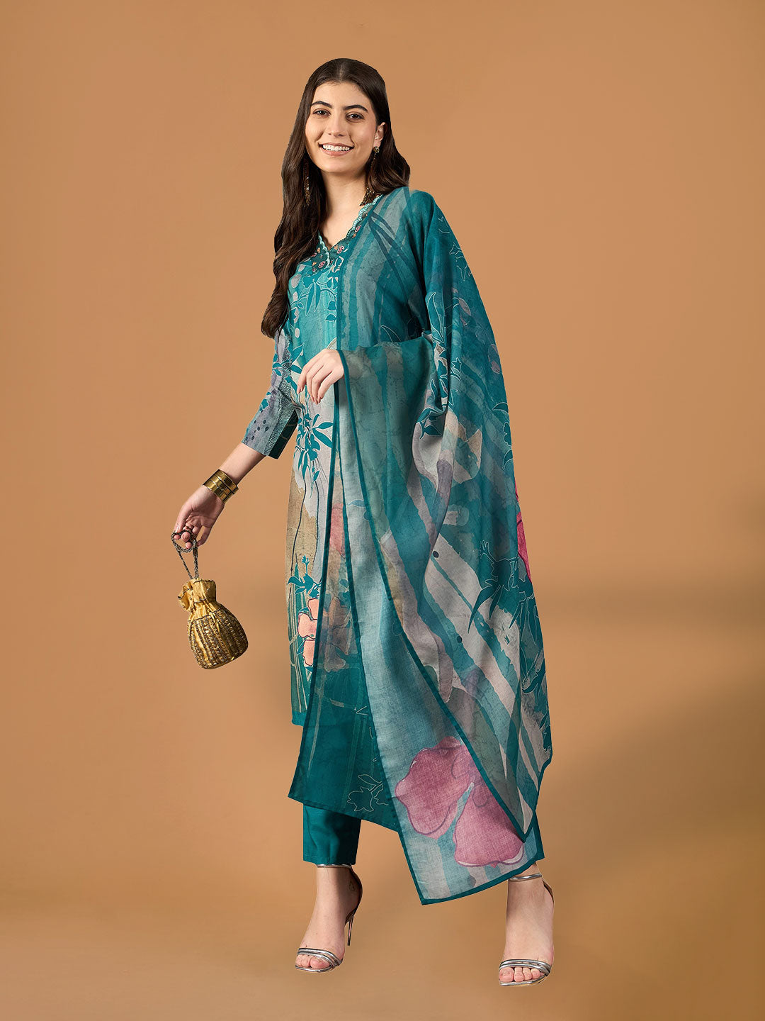 Emerald Green Floral Printed Rayon Straight Suit Set