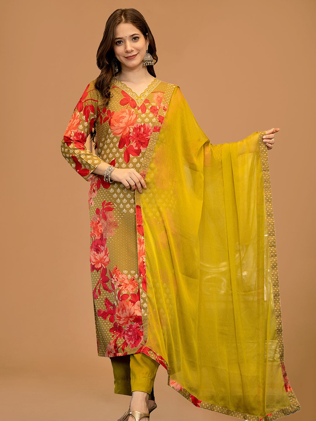 Olive Green Floral Printed Straight Suit Set