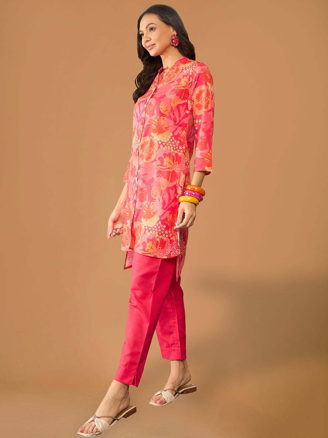 Coral Pink Floral Printed Rayon Co-ord Set