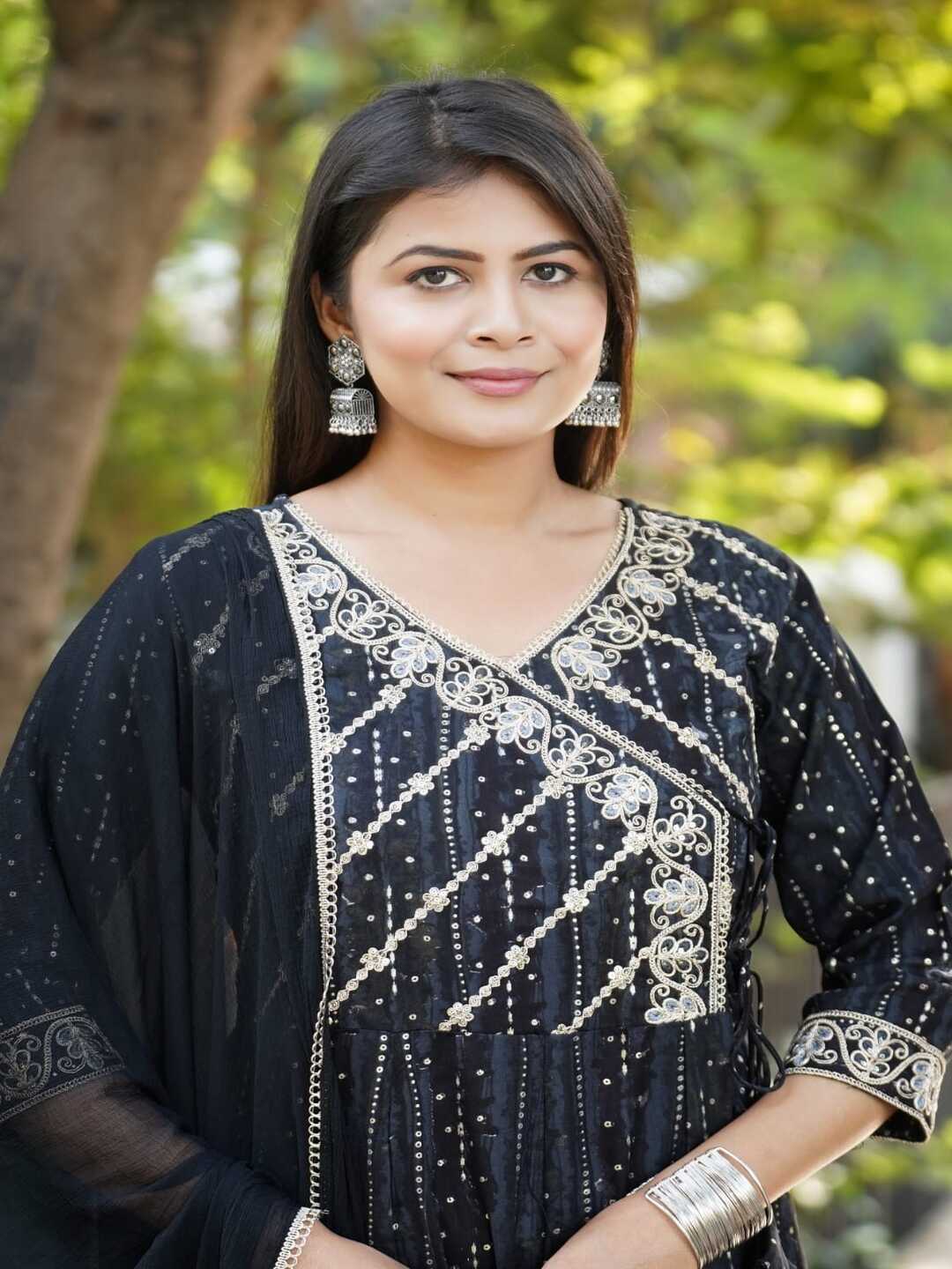 Black Embroidered Angharakha Style Rayon Foil Suit Set