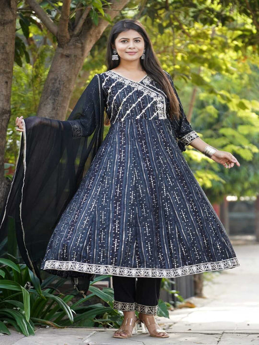 Black Embroidered Angharakha Style Rayon Foil Suit Set