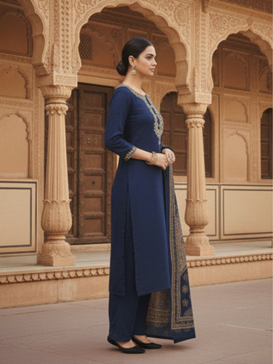 Stylish dark blue cotton suit set with plazzo and Ajrakh print dupatta