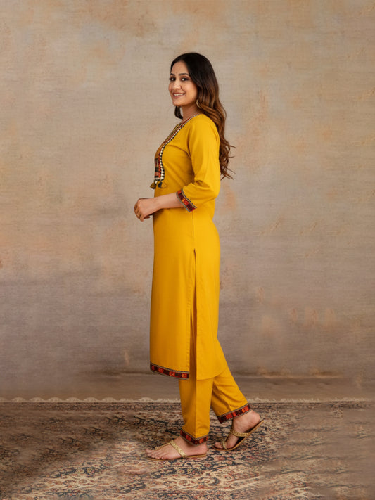 Traditional Jaipuri printed yellow and green cotton suit set for stylish women