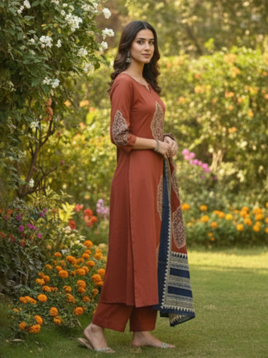 Brown cotton suit set with authentic Ajrakh block prints