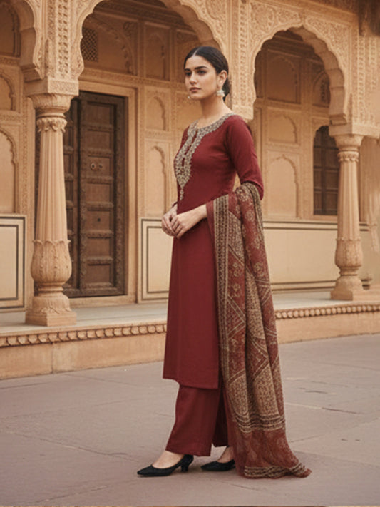 Stylish brown cotton suit set with plazzo and Ajrakh print dupatta