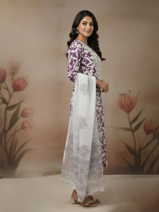 Purple cotton suit set with embroidery and Kota doriya dupatta