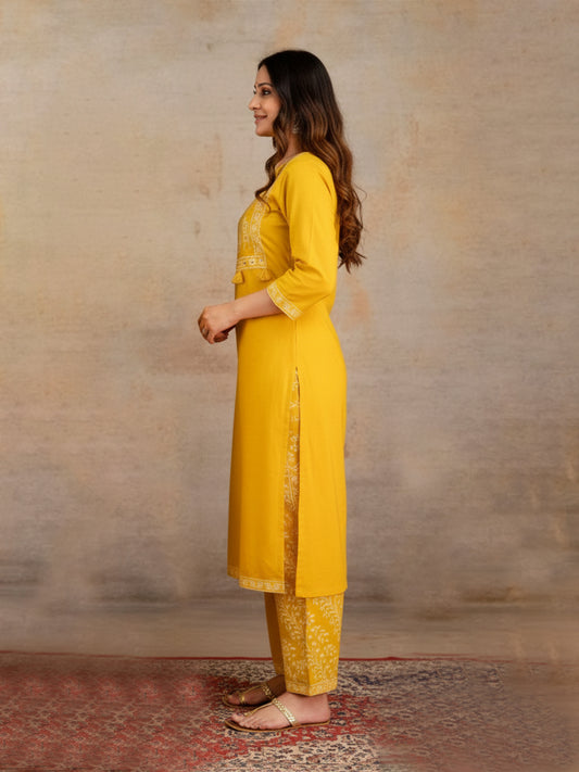 Traditional Jaipuri printed yellow cotton suit set for stylish women