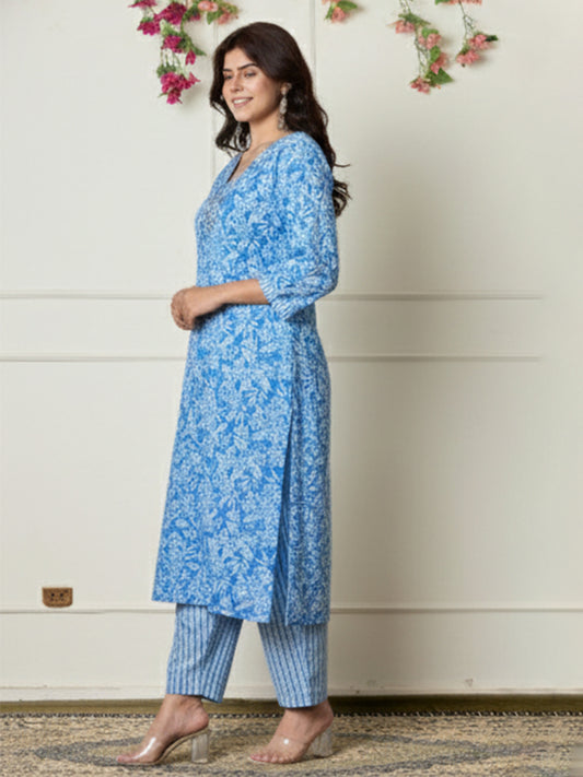 Elegant blue cotton Kalamkari printed suit set for everyday comfort"