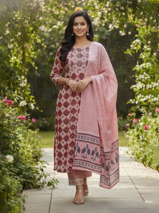 Elegant Pink color cotton suit set with printed Dupatta