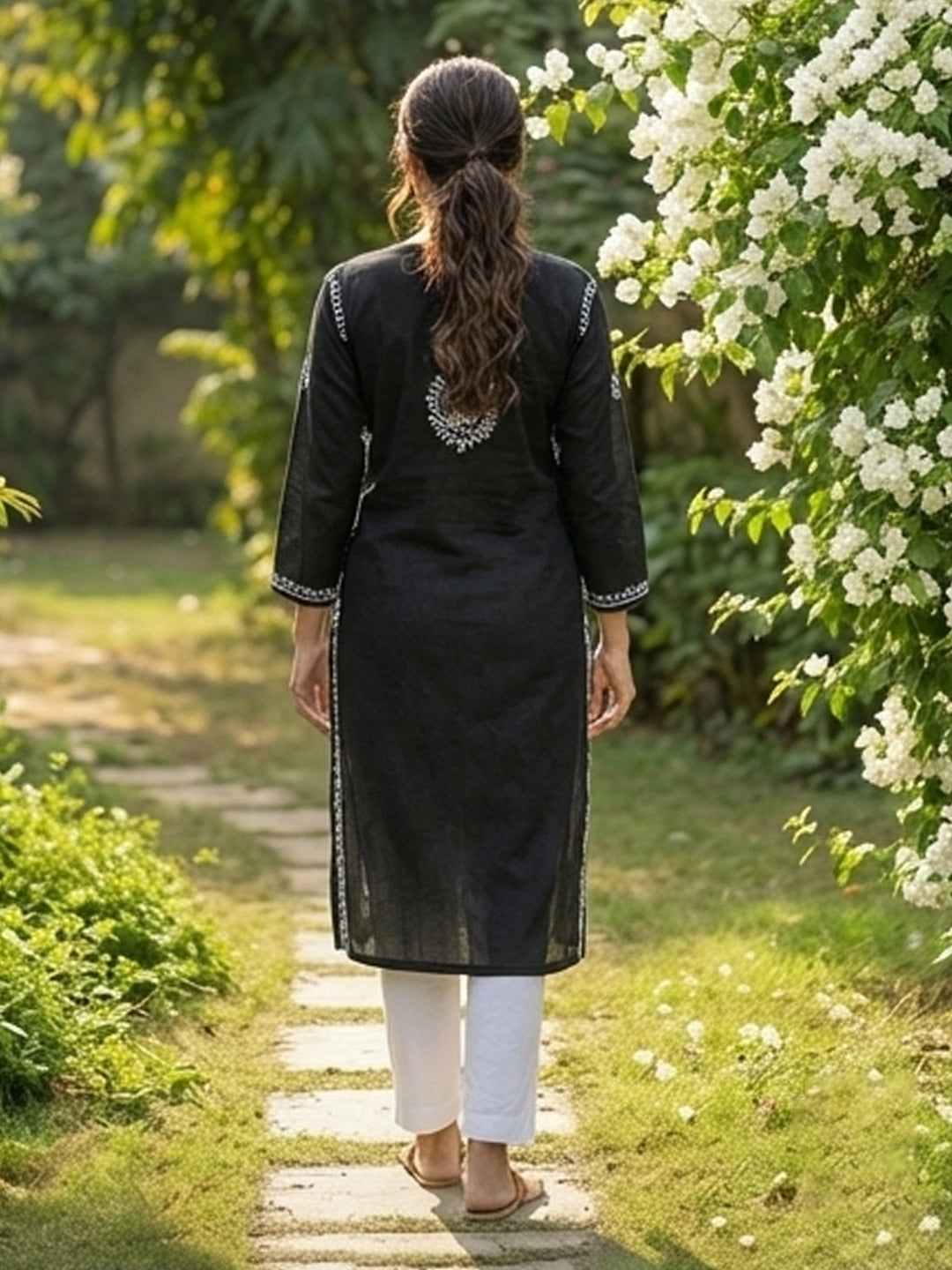 Black Chikankari Kurta with white embroidery