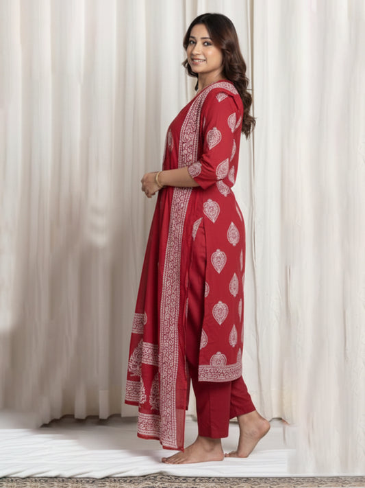 Elegant red cotton suit set with bright prints for women