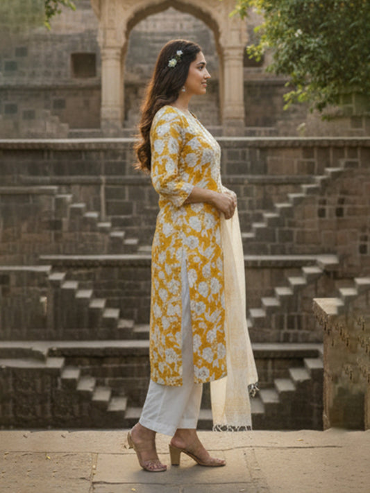 Yellow cotton suit set with embroidery and Kota doriya dupatta