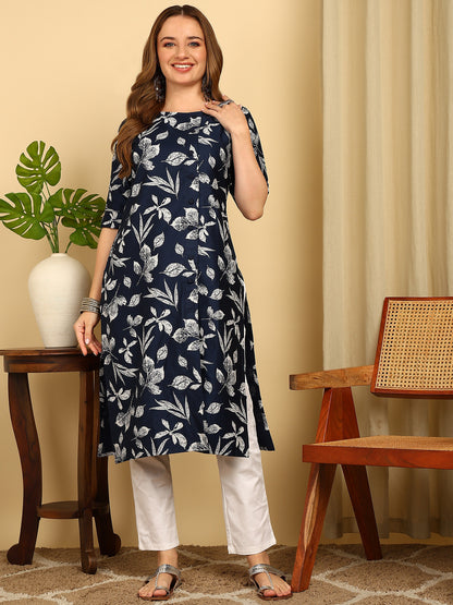 Indigo Blue Solid Cotton Blend Straight Kurta