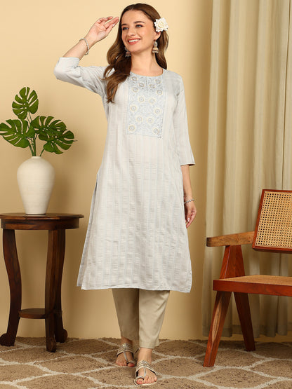 Embroidered Light Green PolySilk Straight Kurta