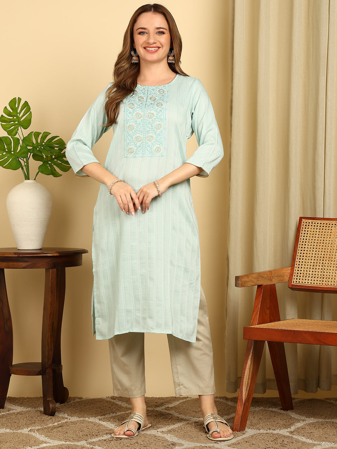 Embroidered Aqua PolySilk Straight Kurta