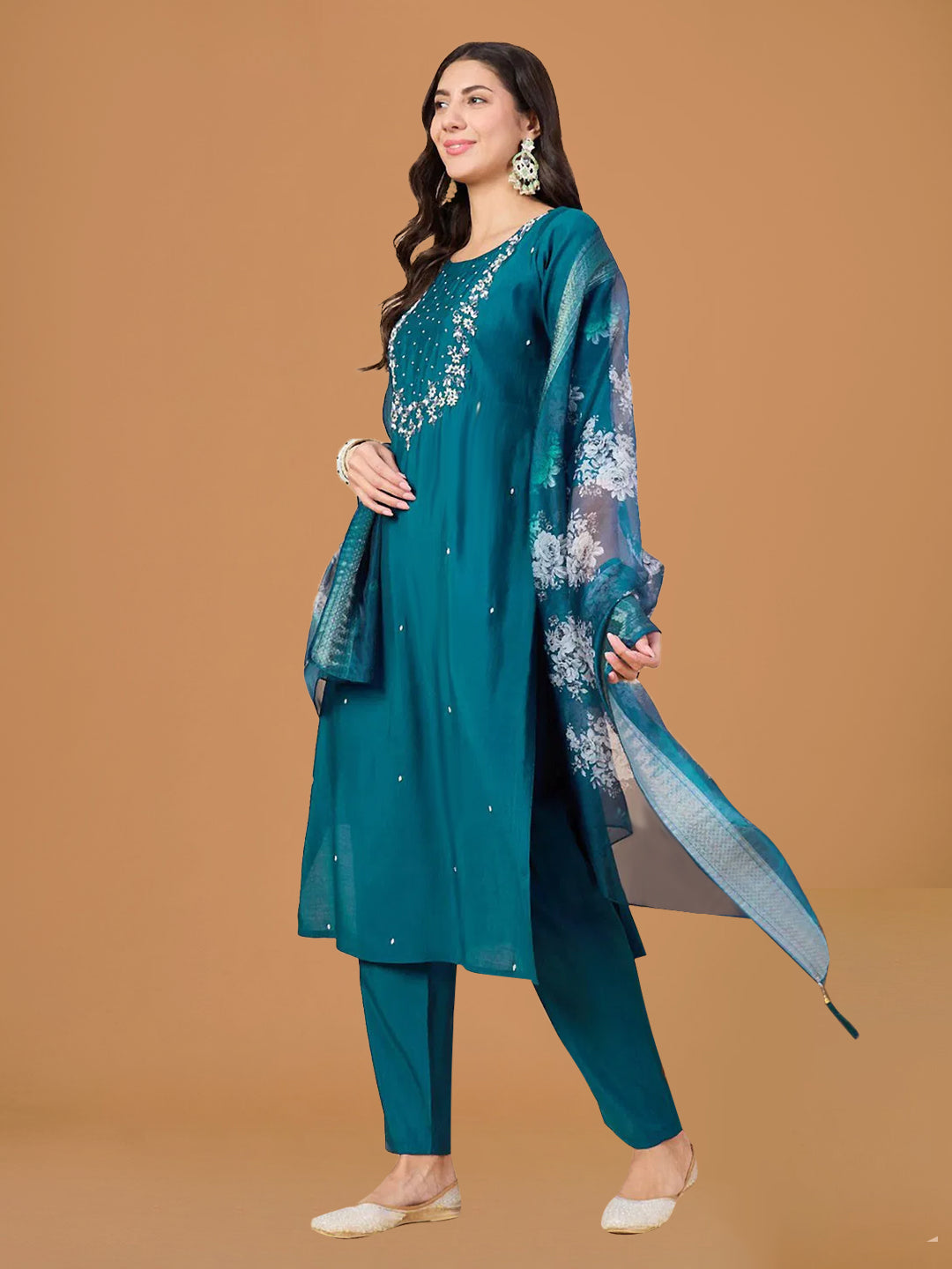 Teal Blue Viscose Chanderi Suit Set
