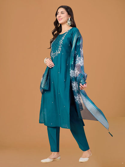 Teal Blue Viscose Chanderi Suit Set