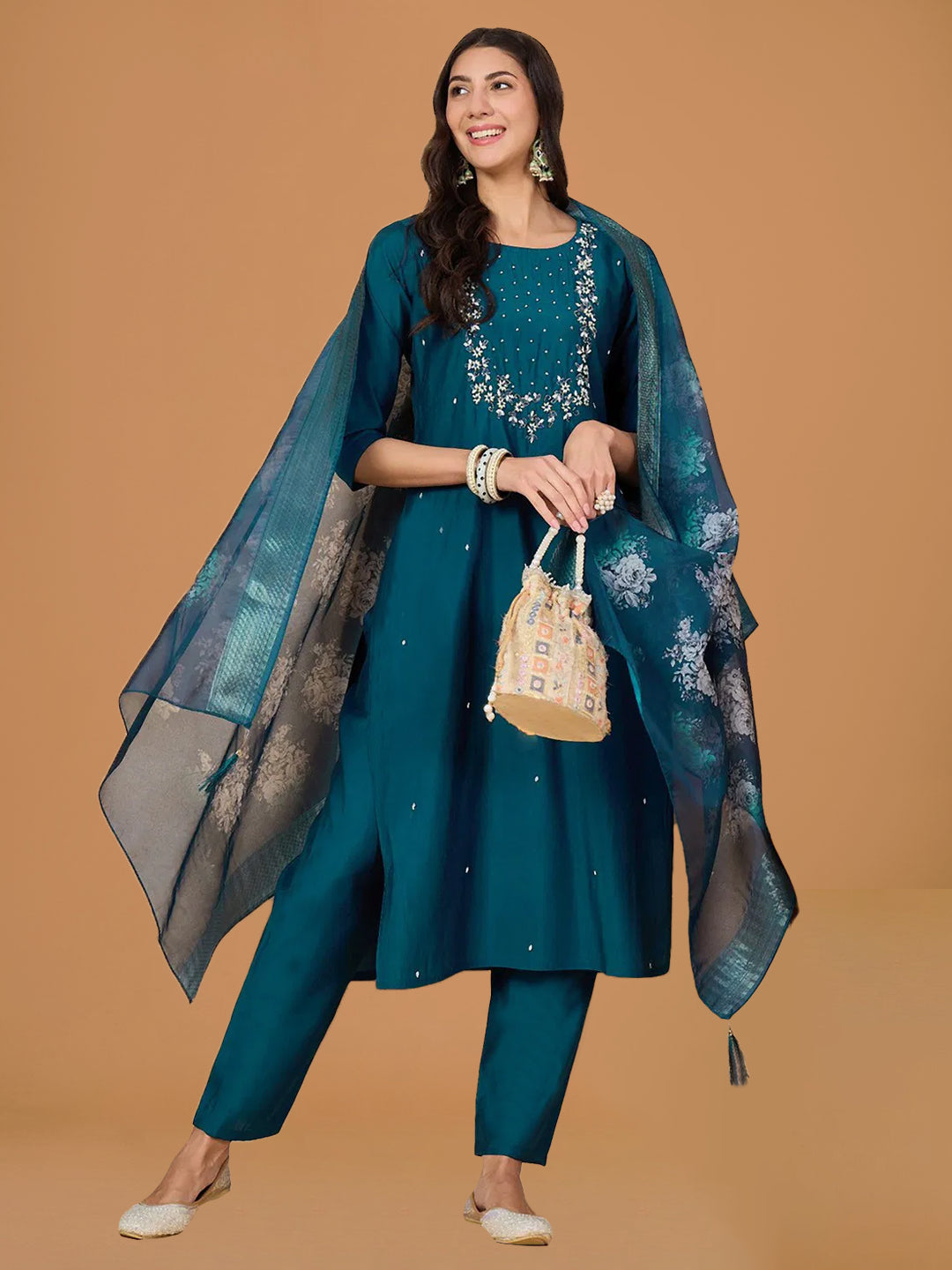 Teal Blue Viscose Chanderi Suit Set