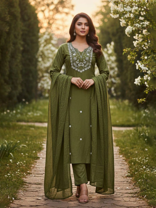 Elegant Green A-Line Embroidered Cotton Suit set for Everyday wear