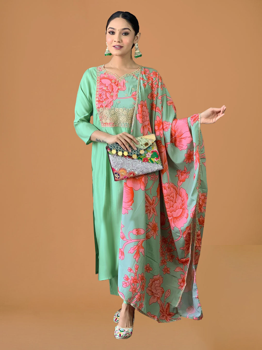 Aqua Green Viscose Silk Blend Straight Suit Set