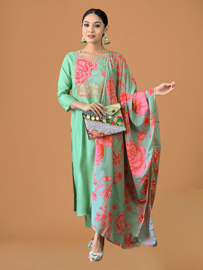 Aqua Green Viscose Silk Blend Straight Suit Set