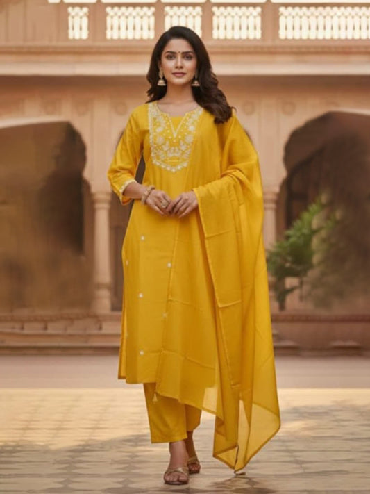 Elegant Yellow A-Line Embroidered Cotton Suit set for Everyday wear