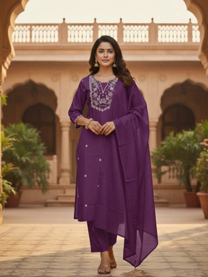 Elegant Purple A-Line Embroidered Cotton Suit set for Everyday wear