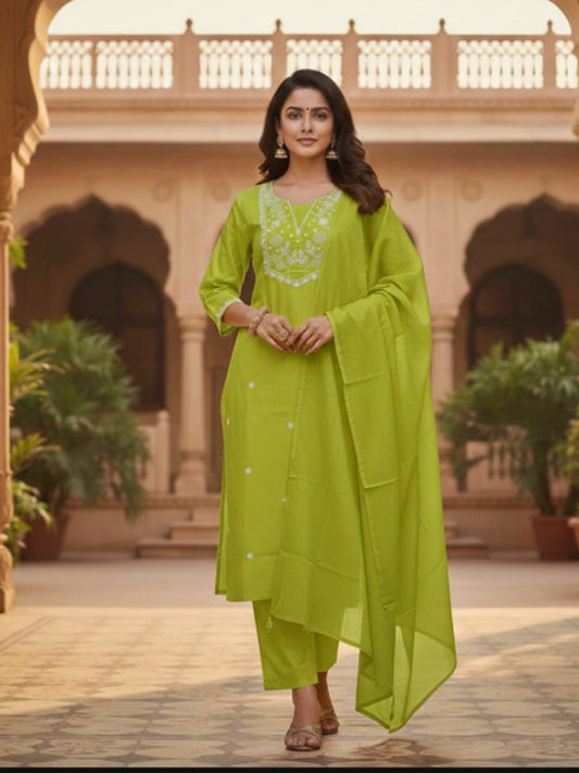 Elegant Light Green A-Line Embroidered Cotton Suit set for Everyday wear