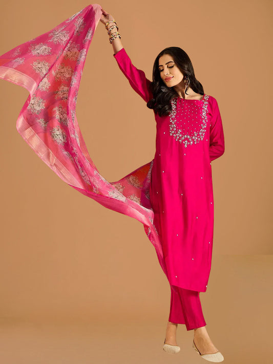 Fuchsia Pink Viscose Chanderi Suit Set