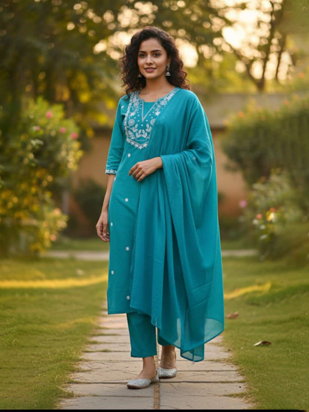 Elegant Turquoise A-Line Embroidered Cotton Suit set for Everyday wear