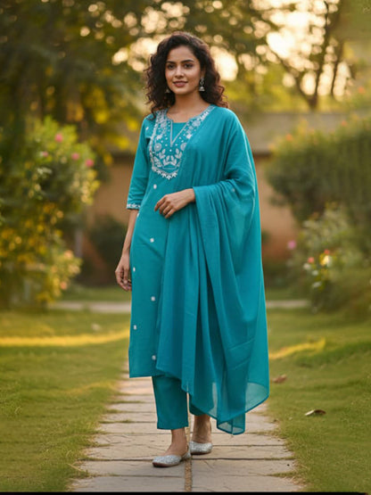 Elegant Turquoise A-Line Embroidered Cotton Suit set for Everyday wear