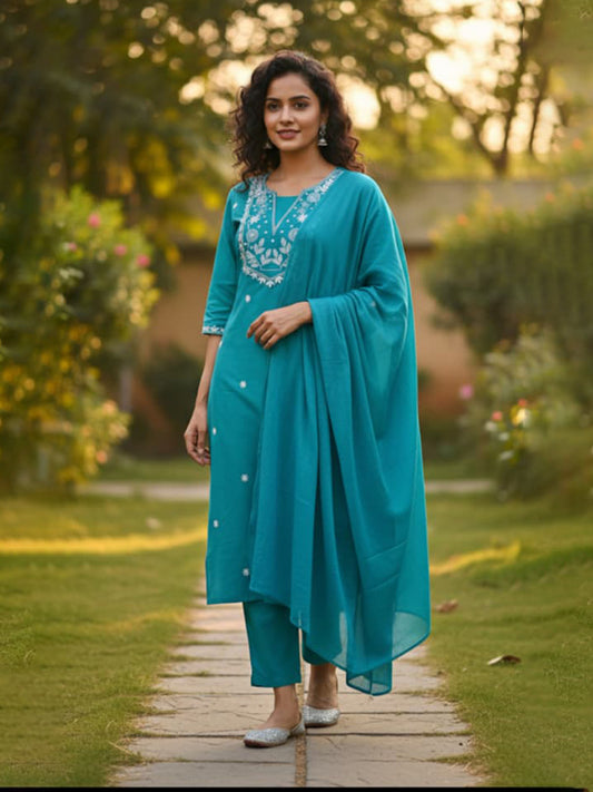 Elegant Turquoise A-Line Embroidered Cotton Suit set for Everyday wear
