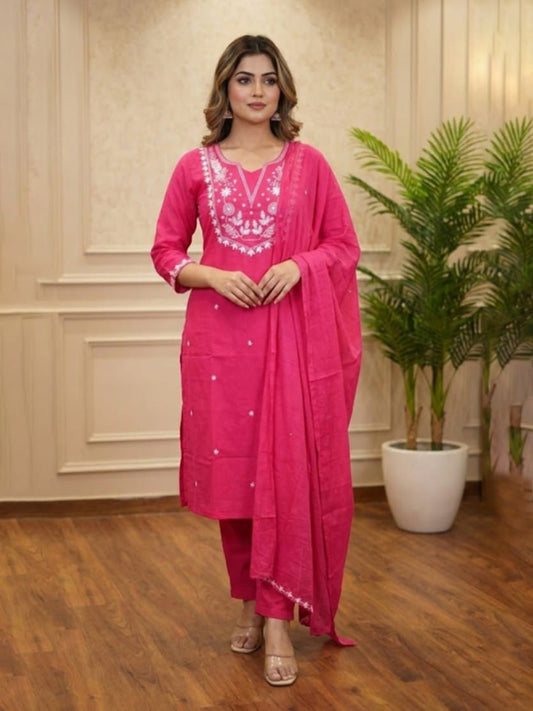 Elegant Pink A-Line Embroidered Cotton Suit set for Everyday wear