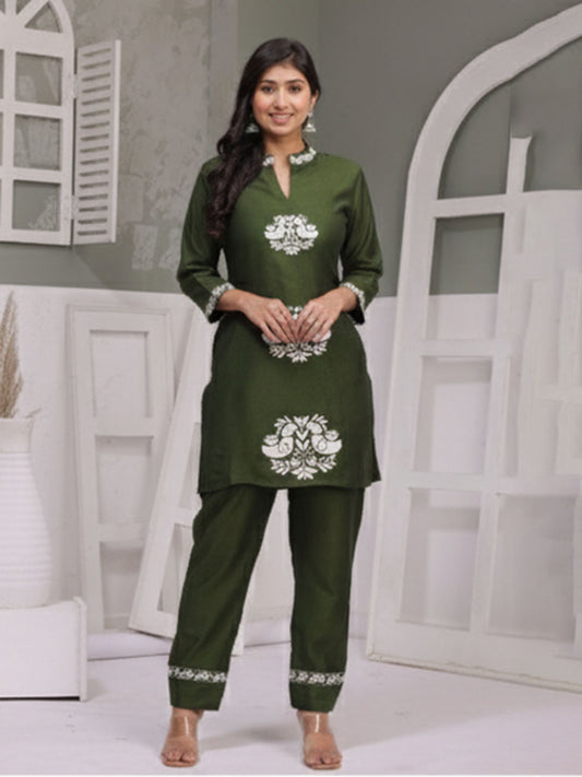 Vatican Dark green Embroidered Co-ord Set
