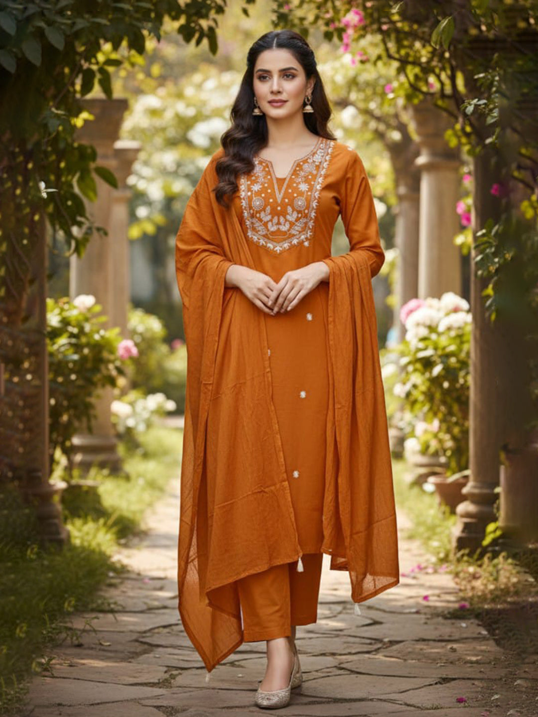 Elegant Rust A-Line Embroidered Cotton Suit set for Everyday wear