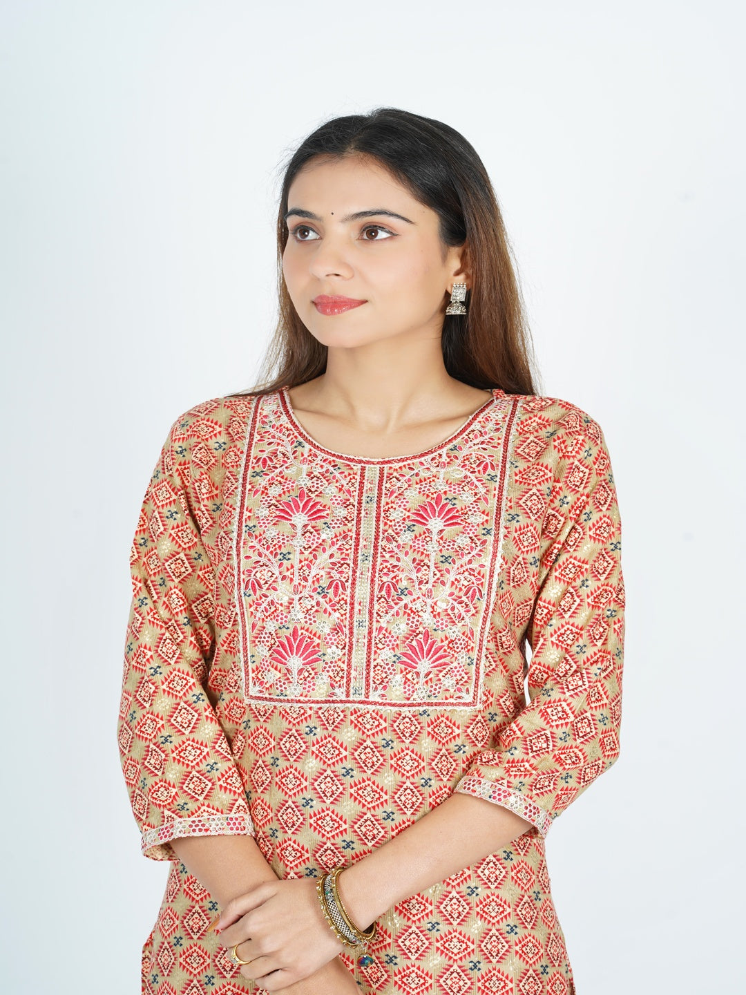 Red Embroidered Straight Rayon Kurta
