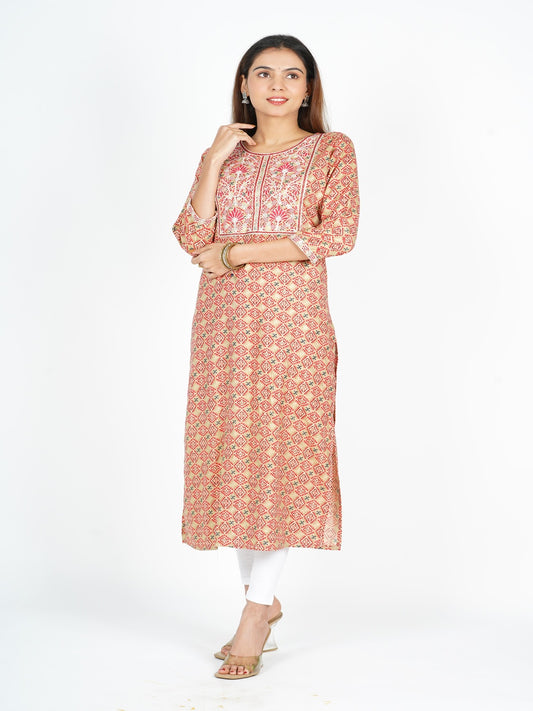 Red Embroidered Straight Rayon Kurta