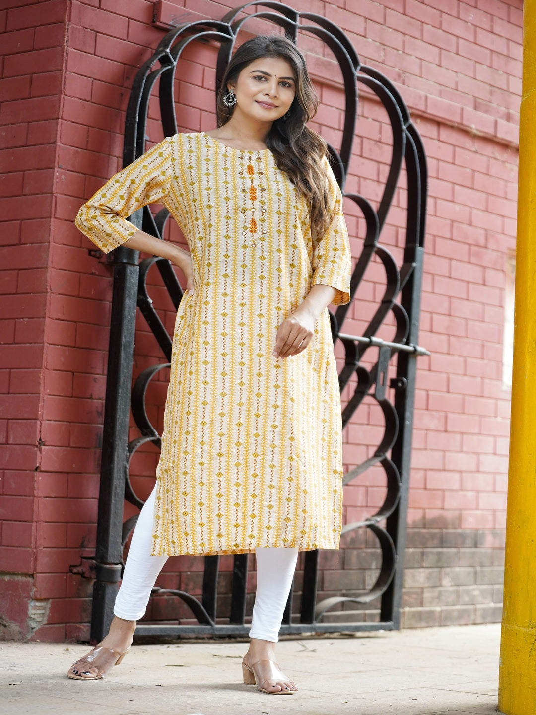 Yellow Embroidered Straight Chanderi Kurta
