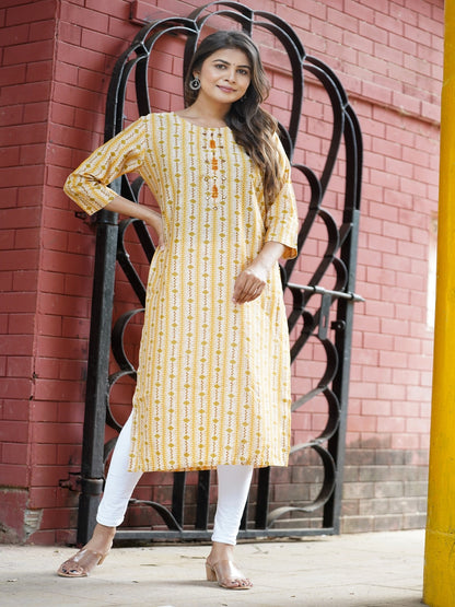 Yellow Embroidered Straight Chanderi Kurta