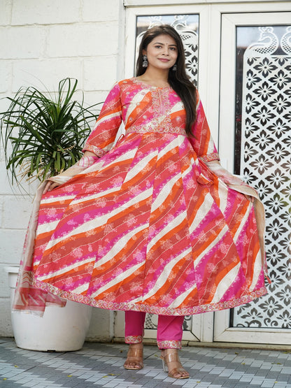 Pink Embroidered Straight Rayon Foil Suit Set