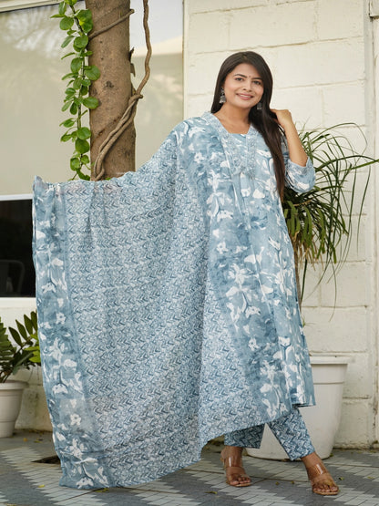 Blue Embroidered A-line Rayon Suit Set