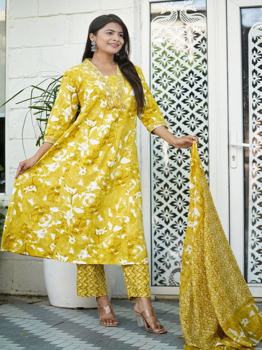 Yellow Embroidered A-line Rayon Suit Set