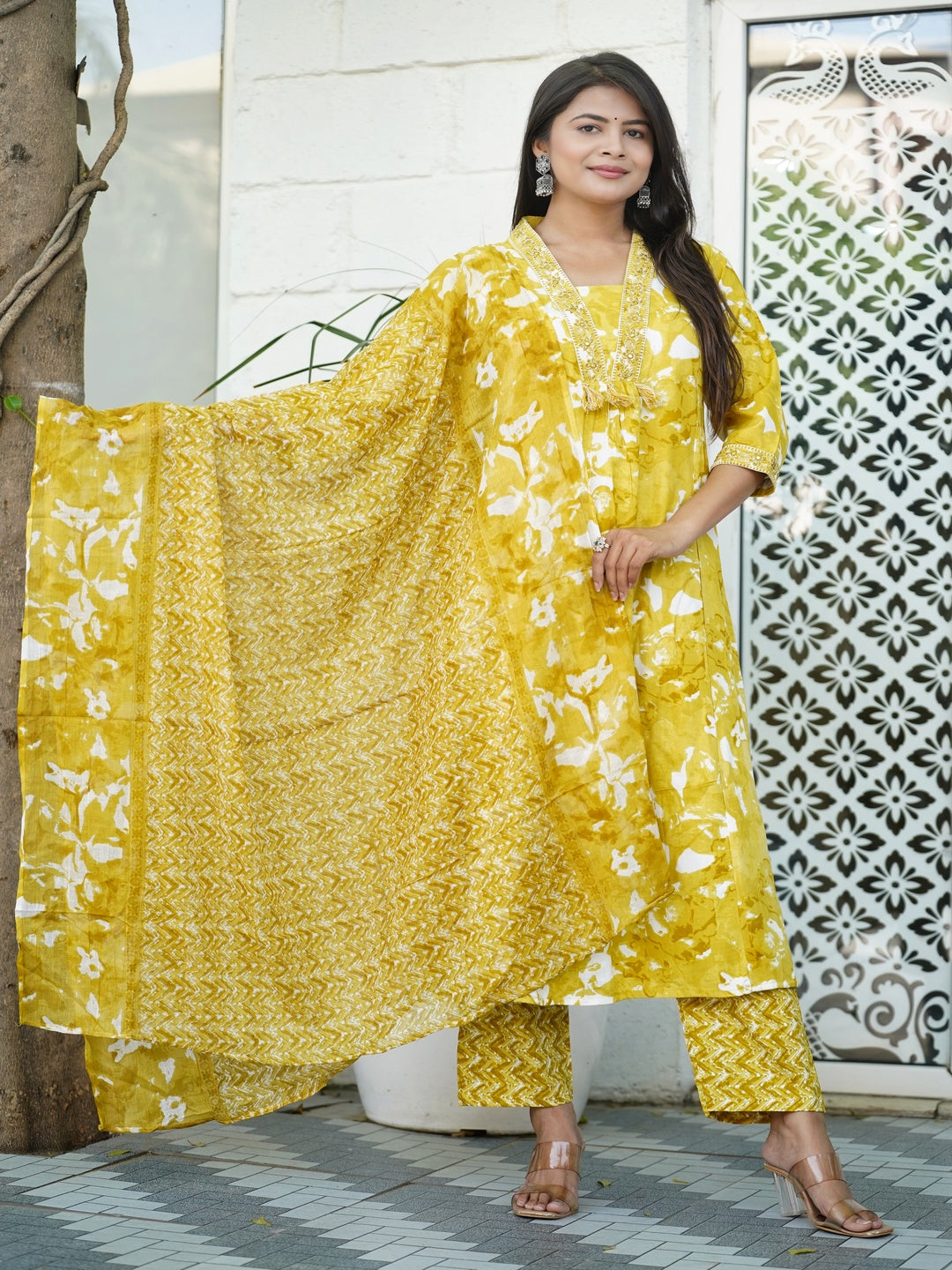 Yellow Embroidered A-line Rayon Suit Set