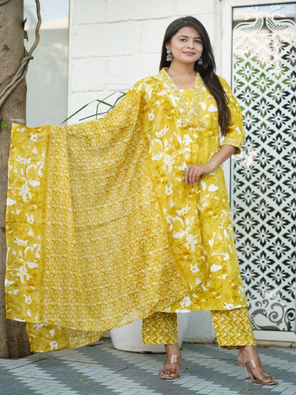 Yellow Embroidered A-line Rayon Suit Set