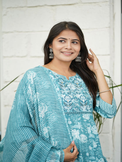 Blue Embroidered A-line Cotton Suit Set