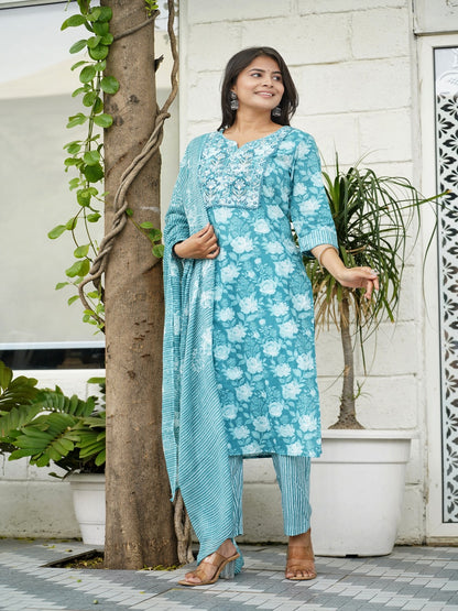 Blue Embroidered A-line Cotton Suit Set