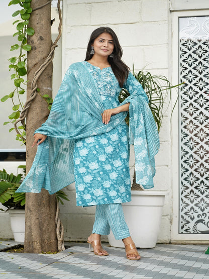 Blue Embroidered A-line Cotton Suit Set